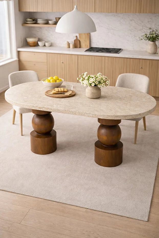 Modern Tasarım Traverten Üstlü Masif Ahşap Torna Ayaklı Yemek Masası 180x80cm